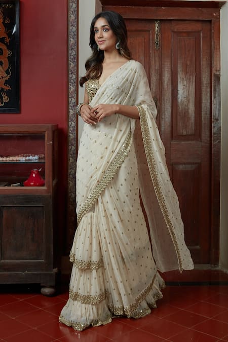 Buy Arpita Mehta Off White Georgette Mirrors, Embroidery, Tiered Pre-draped Saree With Blouse Online at Aza Fashions Buy_Arpita Mehta_Off White Georgette Mirrors, Embroidery, Tiered Pre-draped Saree With Blouse_Online_at_Aza_Fashions