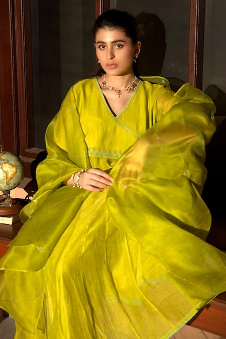 Shop Deep Thee Green Chanderi, Organza Embroidery V-neck Panelled Angrakha Anarkali Set Online at Aza Fashions Shop_Deep Thee_Green Chanderi, Organza Embroidery V-neck Panelled Angrakha Anarkali Set _Online_at_Aza_Fashions