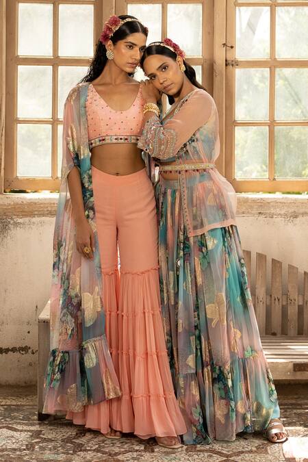 Shop_Amrin Khan_Peach Georgette And Raw Silk Floral Print & Glass Kaftan Jacket And Gharara Set _Online_at_Aza_Fashions