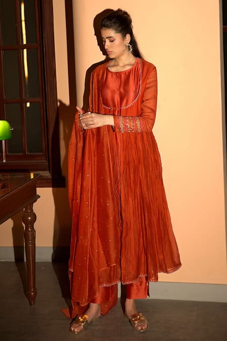 Deep Thee Orange Chanderi Embroidery Round Neck Resham Angrakha Set Online at Aza Fashions Deep Thee_Orange Chanderi Embroidery Round Neck Resham Angrakha Set _Online_at_Aza_Fashions