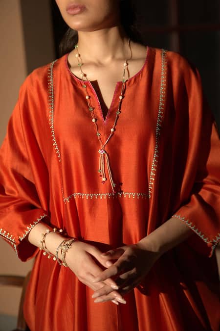 Buy_Deep Thee_Orange Chanderi Embroidery Asymmetric Resham Kaftan _Online_at_Aza_Fashions