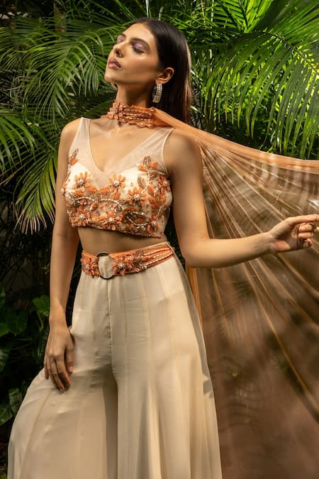 Buy_Richa Jaisinghani Label_Beige Georgette And Net Thread & Sequin, Border Embroidered Cape & Palazzo Set _Online_at_Aza_Fashions