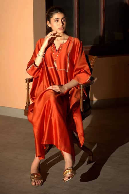 Shop_Deep Thee_Orange Chanderi Embroidery Asymmetric Resham Kaftan _Online_at_Aza_Fashions