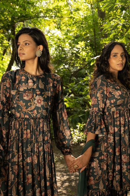 Buy_Amrin Khan_Green Modal Satin Kalamkari Round Floral Print Dress _Online_at_Aza_Fashions