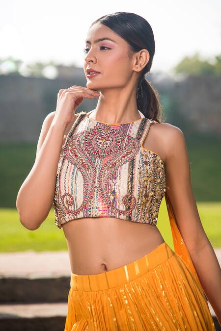 Soniya G_Yellow Handloom Cotton Lurex Striped Pattern Lehenga And Embroidered Blouse Set _at_Aza_Fashions
