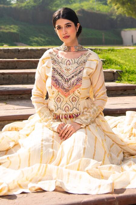 Soniya G Ivory Handloom Cotton Tassels Round Neck Embroidered Yoke Anarkali With Dupatta Online at Aza Fashions Soniya G_Ivory Handloom Cotton Tassels Round Neck Embroidered Yoke Anarkali With Dupatta _Online_at_Aza_Fashions