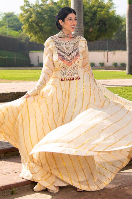 Shop Soniya G Ivory Handloom Cotton Tassels Round Neck Embroidered Yoke Anarkali With Dupatta Online at Aza Fashions Shop_Soniya G_Ivory Handloom Cotton Tassels Round Neck Embroidered Yoke Anarkali With Dupatta _Online_at_Aza_Fashions