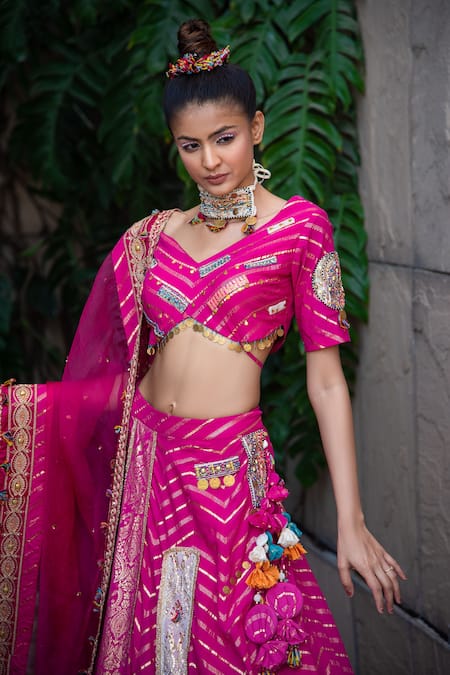 Soniya G_Fuchsia Handloom , Lurex Striped Pattern And Embroidered Lehenga Set _Online_at_Aza_Fashions