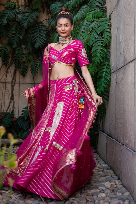 Shop_Soniya G_Fuchsia Handloom , Lurex Striped Pattern And Embroidered Lehenga Set _Online_at_Aza_Fashions