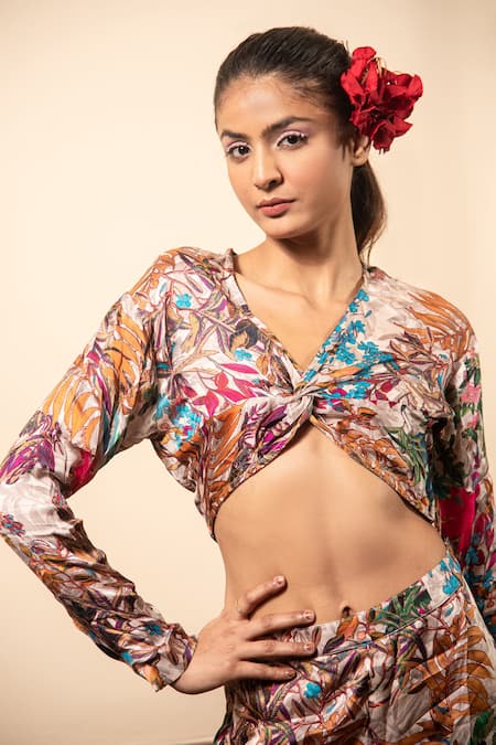 Buy_Soniya G_Ivory Satin Embroidery V-neck Printed Knotted Top And Pant Set _Online_at_Aza_Fashions