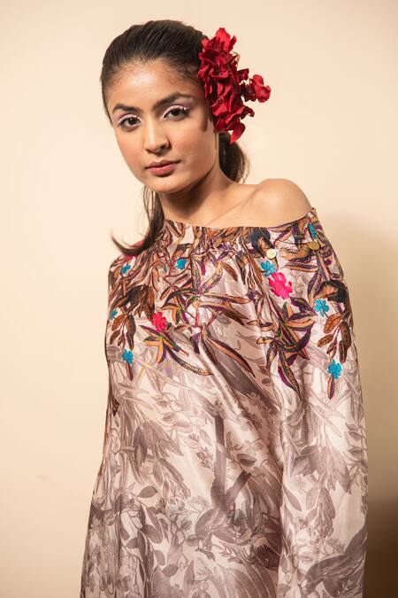 Buy_Soniya G_Ivory Satin One Shoulder Floral Print Top And Pant Set _Online_at_Aza_Fashions