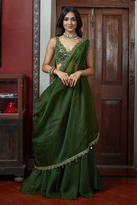 Shop Arpita Mehta Green Georgette Mirrors V-neck One Shoulder Drape And Sharara Set Shop_Arpita Mehta_Green Georgette Mirrors V-neck One Shoulder Drape And Sharara Set