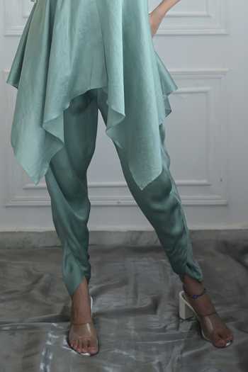 Buy_PIRI INDIA_Green Organza, Chanderi, Satin Hand Embroidered Peplum Top And Dhoti Pant Set _Online_at_Aza_Fashions