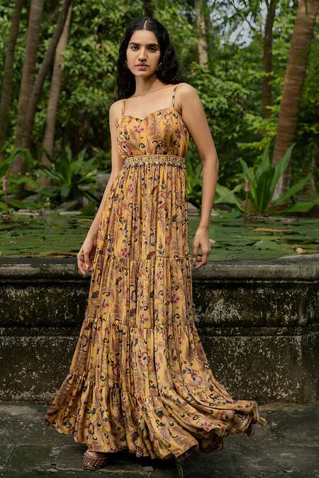 Amrin Khan_Yellow Modal Satin Sequin And Thread, Beads, Kalamkari Print Strappy Gown _at_Aza_Fashions