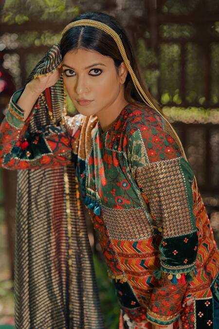 Shop_Pooja-Keyur_Multi Color Cotton, Silk, Velvet, Brocade Embroidery Round Kurta And Palazzo Set_Online_at_Aza_Fashions