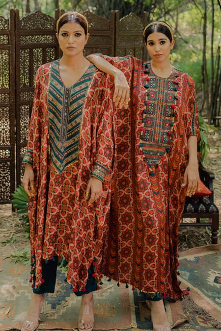 Pooja-Keyur Multi Color Cotton Satin, Organza Floral Print Long Kaftan And Teal Palazzo Set Online at Aza Fashions Pooja-Keyur_Multi Color Cotton Satin, Organza Floral Print Long Kaftan And Teal Palazzo Set_Online_at_Aza_Fashions