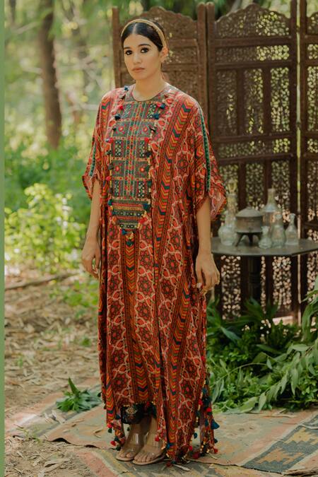 Buy Pooja-Keyur Multi Color Cotton Satin, Organza Floral Print Long Kaftan And Teal Palazzo Set Online at Aza Fashions Buy_Pooja-Keyur_Multi Color Cotton Satin, Organza Floral Print Long Kaftan And Teal Palazzo Set_Online_at_Aza_Fashions