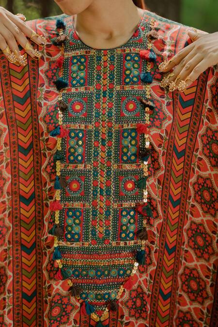 Shop Pooja-Keyur Multi Color Cotton Satin, Organza Floral Print Long Kaftan And Teal Palazzo Set Online at Aza Fashions Shop_Pooja-Keyur_Multi Color Cotton Satin, Organza Floral Print Long Kaftan And Teal Palazzo Set_Online_at_Aza_Fashions