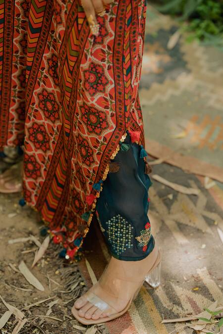 Pooja-Keyur Multi Color Cotton Satin, Organza Floral Print Long Kaftan And Teal Palazzo Set at Aza Fashions Pooja-Keyur_Multi Color Cotton Satin, Organza Floral Print Long Kaftan And Teal Palazzo Set_at_Aza_Fashions