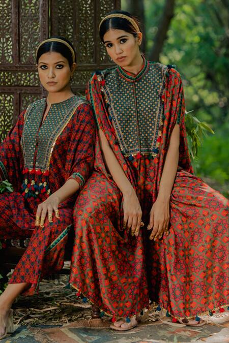 Pooja-Keyur_Brown Cotton Satin Embroidery High Neck Floral Print Kaftan And Pant Set_Online_at_Aza_Fashions