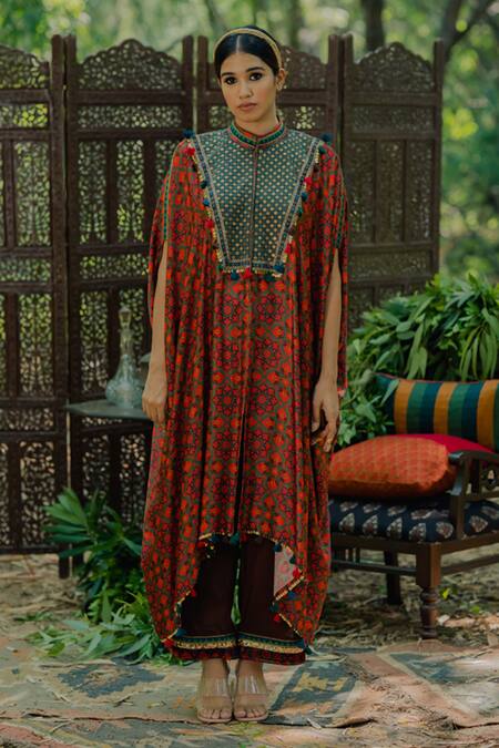 Buy_Pooja-Keyur_Brown Cotton Satin Embroidery High Neck Floral Print Kaftan And Pant Set_Online_at_Aza_Fashions