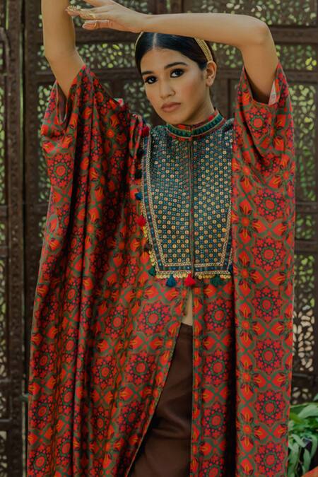 Shop_Pooja-Keyur_Brown Cotton Satin Embroidery High Neck Floral Print Kaftan And Pant Set_Online_at_Aza_Fashions