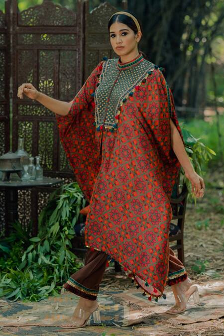 Pooja-Keyur_Brown Cotton Satin Embroidery High Neck Floral Print Kaftan And Pant Set_at_Aza_Fashions