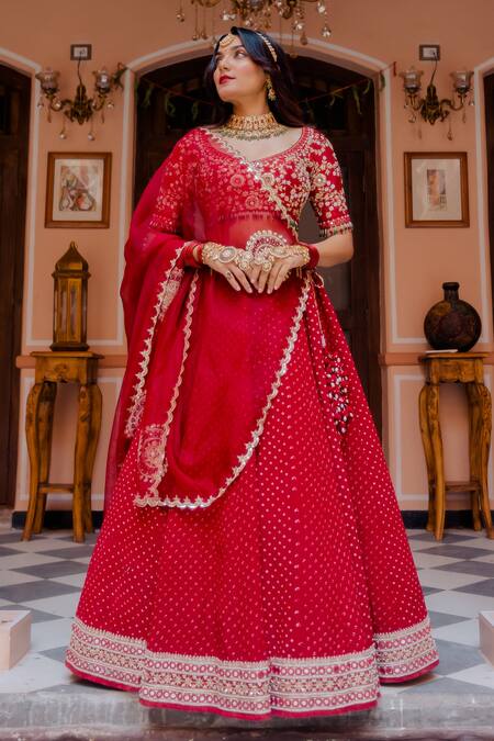 Anjana Bohra_Maroon Mirror, Pearl, Sequins, Bandhani Lehenga With Embroidered Blouse Set_Online_at_Aza_Fashions