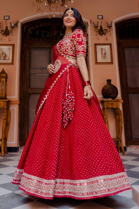 Buy_Anjana Bohra_Maroon Mirror, Pearl, Sequins, Bandhani Lehenga With Embroidered Blouse Set_Online_at_Aza_Fashions