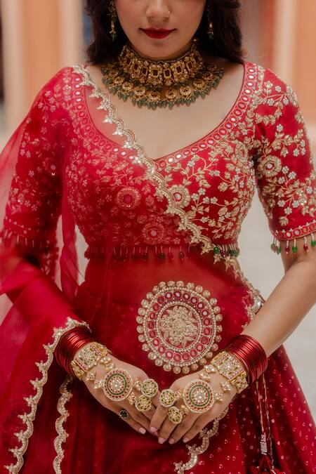 Anjana Bohra_Maroon Mirror, Pearl, Sequins, Bandhani Lehenga With Embroidered Blouse Set_at_Aza_Fashions