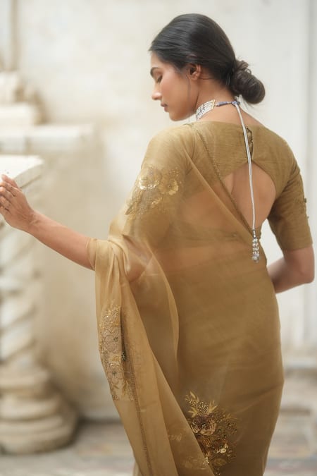 Buy_Peeli Dori_Gold Saree  Silk Organza Embroidered Hand Round Set _Online_at_Aza_Fashions