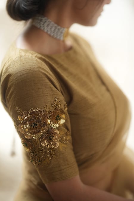 Shop_Peeli Dori_Gold Saree  Silk Organza Embroidered Hand Round Set _Online_at_Aza_Fashions