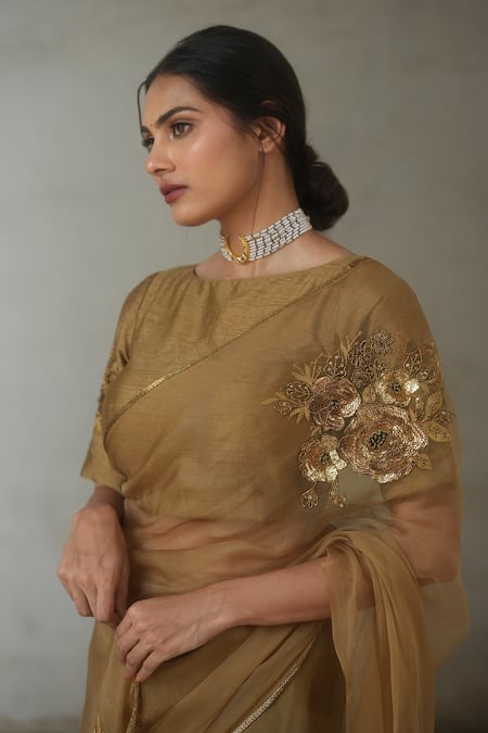 Buy_Peeli Dori_Gold Saree  Silk Organza Embroidered Hand Round Set 