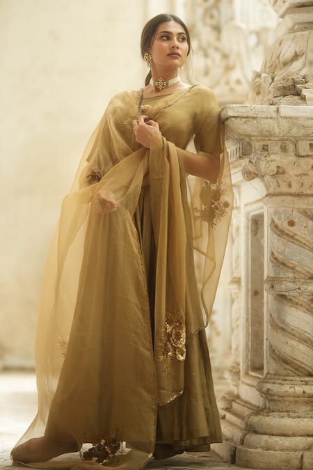 Peeli Dori_Gold Organza, Chanderi Hand Round Anarkali Set _Online_at_Aza_Fashions