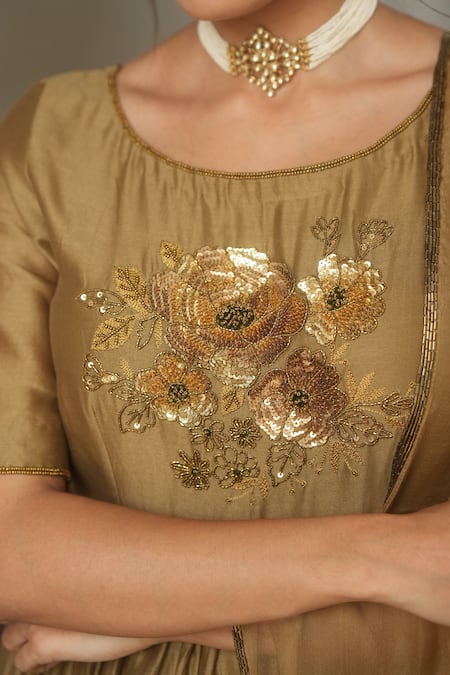 Shop_Peeli Dori_Gold Organza, Chanderi Hand Round Anarkali Set _Online_at_Aza_Fashions