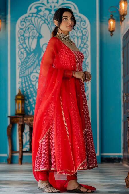 Anjana Bohra Red Handcrafted Bandhani Embroidery Marodi Square Pattern Anarkali Set Online at Aza Fashions Anjana Bohra_Red Handcrafted Bandhani Embroidery Marodi Square Pattern Anarkali Set _Online_at_Aza_Fashions