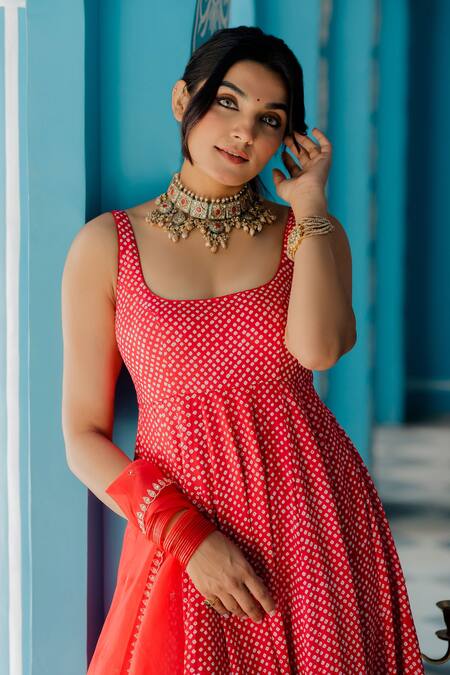 Shop Anjana Bohra Red Handcrafted Bandhani Embroidery Marodi Square Pattern Anarkali Set Online at Aza Fashions Shop_Anjana Bohra_Red Handcrafted Bandhani Embroidery Marodi Square Pattern Anarkali Set _Online_at_Aza_Fashions