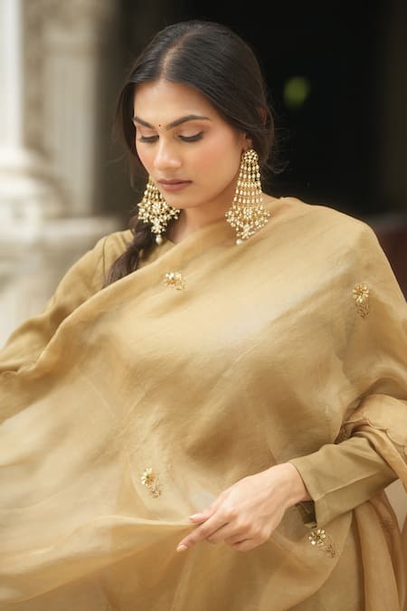 Peeli Dori_Gold Organza, Chanderi Hand Round Straight Kurta Set_Online_at_Aza_Fashions