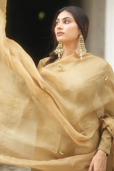 Buy_Peeli Dori_Gold Organza, Chanderi Hand Round Straight Kurta Set_Online_at_Aza_Fashions