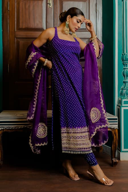Shop Anjana Bohra Purple Dupatta Organza, Kurta Bandhani Handcrafted Embroidered Border Set Online at Aza Fashions Shop_Anjana Bohra_Purple Dupatta Organza, Kurta Bandhani Handcrafted Embroidered Border Set_Online_at_Aza_Fashions