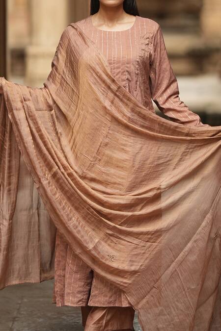 Sagaa By Vanita_Brown Kurta And Pant  Silk Embroidered Hand Round Set _Online_at_Aza_Fashions