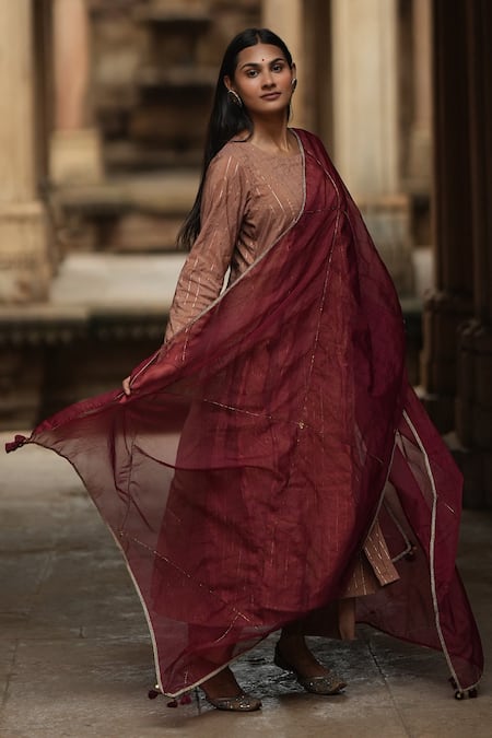 Sagaa By Vanita_Brown Anarkali  Silk Round With Dupatta _Online_at_Aza_Fashions