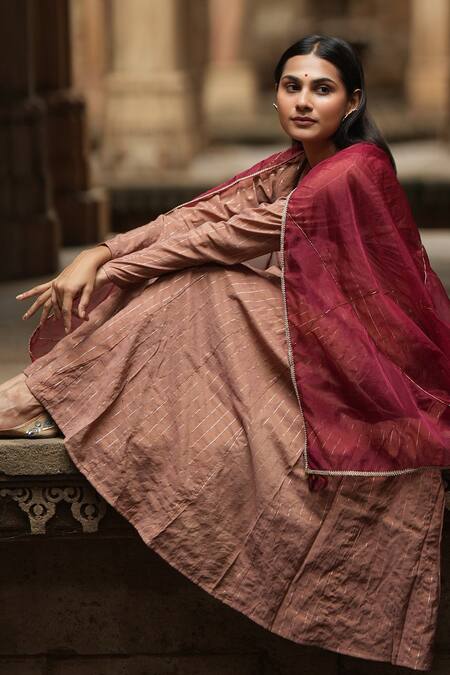 Shop_Sagaa By Vanita_Brown Anarkali  Silk Round With Dupatta _Online_at_Aza_Fashions