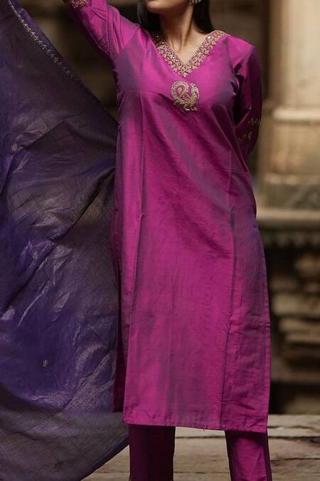 Shop_Sagaa By Vanita_Purple Kurta And Pant  Silk Embroidered Floral Round Set _Online_at_Aza_Fashions