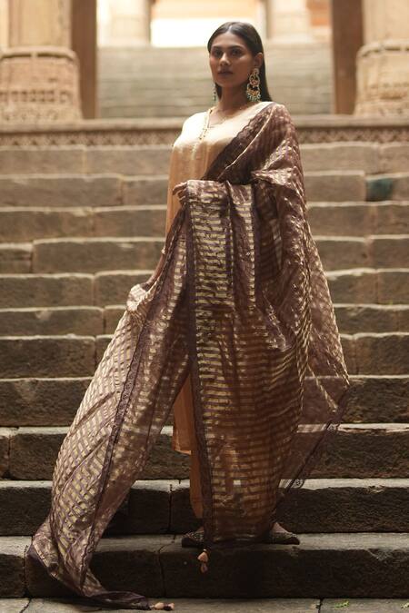 Shop_Sagaa By Vanita_Brown Kurta  Silk Embroidered Beads V Neck Set _Online_at_Aza_Fashions