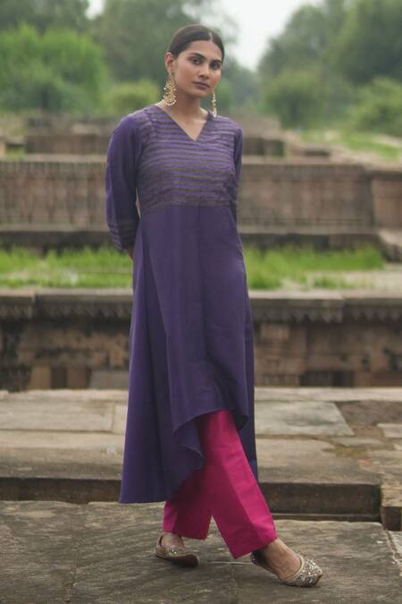 Buy_Sagaa By Vanita_Purple Silk V Neck Color Blocked Kurta Set _Online_at_Aza_Fashions