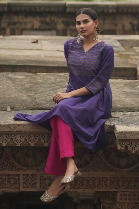 Shop_Sagaa By Vanita_Purple Silk V Neck Color Blocked Kurta Set _Online_at_Aza_Fashions