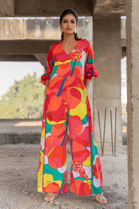 Pooja-Keyur_Multi Color Cotton Satin V-neck Abstract Splash Print Jumpsuit_Online_at_Aza_Fashions