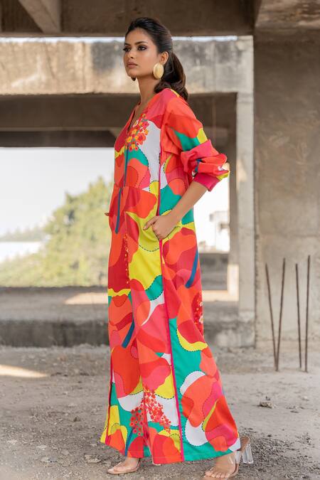 Buy_Pooja-Keyur_Multi Color Cotton Satin V-neck Abstract Splash Print Jumpsuit_Online_at_Aza_Fashions