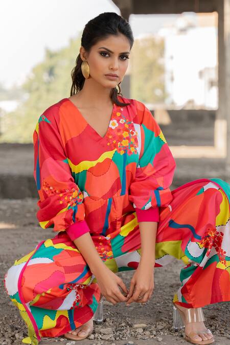 Pooja-Keyur_Multi Color Cotton Satin V-neck Abstract Splash Print Jumpsuit_at_Aza_Fashions
